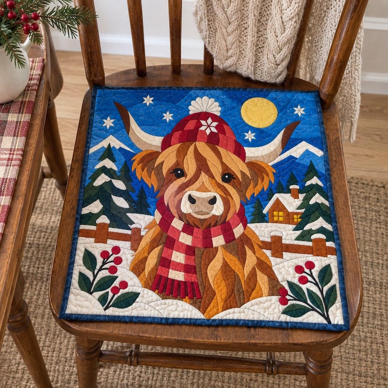 Modello per trapunta natalizia con mucca delle Highlands, trapunta con applicazioni e collage, modello PDF per trapunta con animali, arazzo patchwork, arte popolare immagine 20