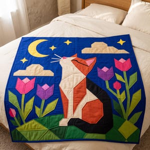 Cat Quilt Pattern, Cat Wall Hanging Quilt Pattern PDF, Easy Applique Quilt for Beginners, Folk Art Cat Lover Gift, Raw Edge Fusible Applique image 8