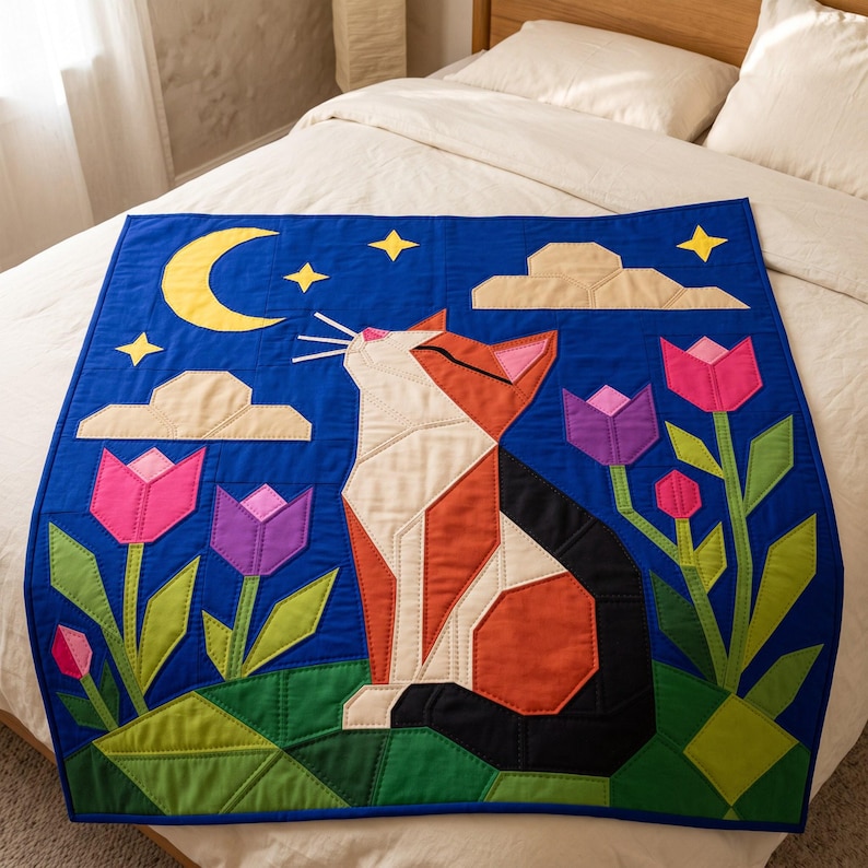 Cat Quilt Pattern, Cat Wall Hanging Quilt Pattern PDF, Easy Applique Quilt for Beginners, Folk Art Cat Lover Gift, Raw Edge Fusible Applique image 8