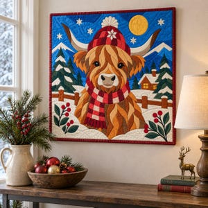 Modello per trapunta natalizia con mucca delle Highlands, trapunta con applicazioni e collage, modello PDF per trapunta con animali, arazzo patchwork, arte popolare immagine 18
