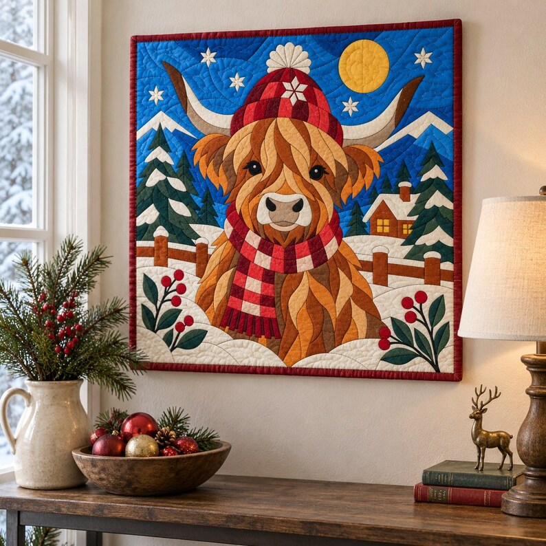 Modello per trapunta natalizia con mucca delle Highlands, trapunta con applicazioni e collage, modello PDF per trapunta con animali, arazzo patchwork, arte popolare immagine 18