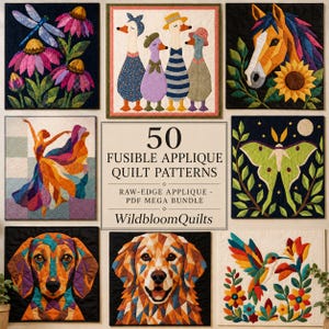 Peut inclure: Une collection de 50 modèles de courtepointe en appliqué thermocollant dans un lot PDF par WildbloomQuilts. L'image présente huit pièces d'art textile carrées représentant une libellule, des oies, un cheval, une danseuse, un papillon et deux chiens.