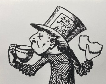 The Hatter / Hatta from Through the Looking-Glass by Lewis Carroll - hand printed wood block print. Limited Edition Signed & Numbered