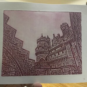 Pierrefonds Castle - signed intaglio print. Red.