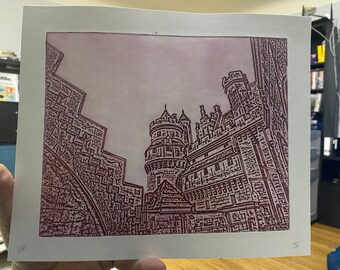 Pierrefonds Castle - signed intaglio print. Red.