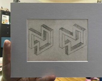Matted intaglio print of stereoscopic drawing.
