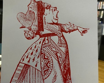 Queen of Hearts from Alice's Adventures in Wonderland by Lewis Carroll - hand printed wood block print. Limited Edition Signed & Numbered.