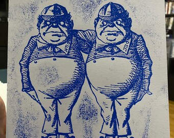 Tweedledee and Tweedledum from Through the Looking-Glass by Lewis Carroll - hand printed signed wood block print.