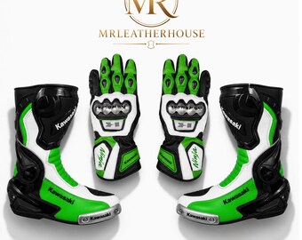 Set di stivali e guanti da moto Kawasaki da corsa – Abbigliamento protettivo da moto in vera pelle, realizzato a mano, per MotoGP