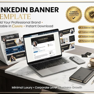 May include: A LinkedIn banner template set featuring 15 editable Canva designs. The display shows a laptop with a profile page, a stack of printed banner examples, a smartphone, a notebook, and a pen. Text includes LinkedIn Banner Template, Build Your Professional Brand, Editable in Canva, Instant Download, 15 Banner Designs, Personal Branding, Minimal Luxury, Corporate Level, and Business Growth.