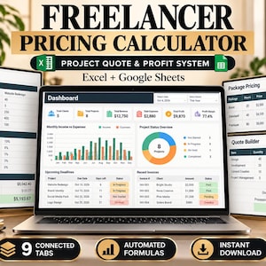 Puede incluir: Un calculador de precios para freelancers digital en la pantalla de una computadora portátil, con un panel de control que muestra gráficos, estado de proyectos y datos financieros. Paneles laterales muestran plantillas de cotización.