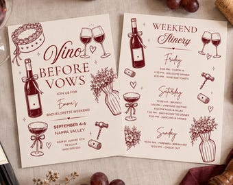 Vino Before Vows Bachelorette Invitation & Itinerary, Wine Bachelorette Party Invite, Hand Drawn Bach Weekend Canva Template