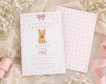 Cat Birthday Invitation, Pink Gingham Kitten Party, First Birthday Invitation, Editable Canva Template, Evite