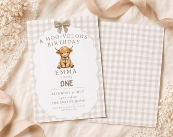 Highland Cow Birthday Invitation, Little Moo First Birthday Template, Watercolor Gingham (Digital Download)