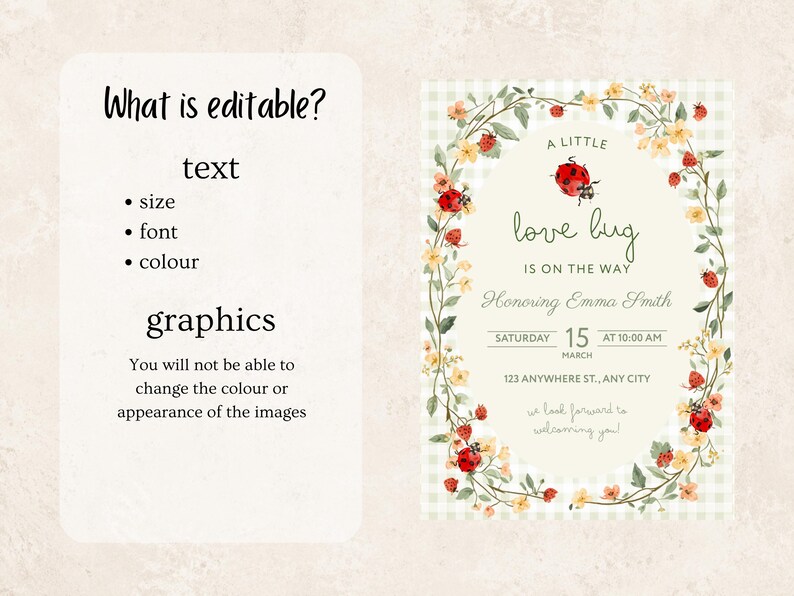 May include: A digital invitation template featuring a light green gingham background and a central oval frame decorated with watercolor illustrations of ladybugs, strawberries, and yellow flowers. The text reads A LITTLE love bug IS ON THE WAY.