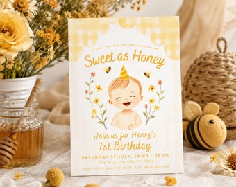 Sweet as Honey 1st Birthday Invitation, Bee Floral Gingham Template (Digital Download)