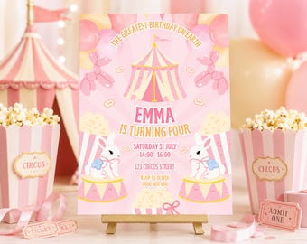 Pink Circus Birthday Invitation, Greatest Birthday on Earth, Editable Canva Template (Digital Invite)