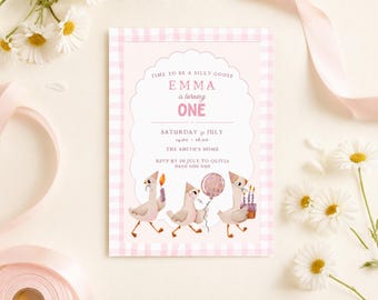 Silly Goose First Birthday Invitation, Pink Gingham, Editable Canva Template (Digital Invite)
