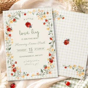May include: A rectangular baby shower invitation card featuring a light green gingham background and a central oval frame decorated with watercolor illustrations of ladybugs, yellow flowers, and green vines. The text reads A LITTLE love bug IS ON THE WAY, Honoring Emma Smith, SATURDAY 15 AT 10:00 AM, MARCH, 123 ANYWHERE ST., ANY CITY, and we look forward to welcoming you.