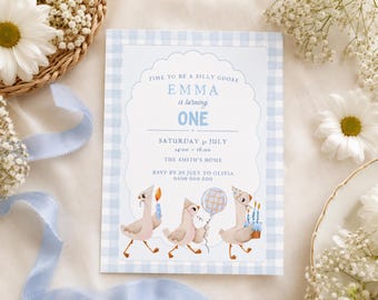 Silly Goose First Birthday Invitation, Blue Gingham, Editable Canva Template (Digital Invite)