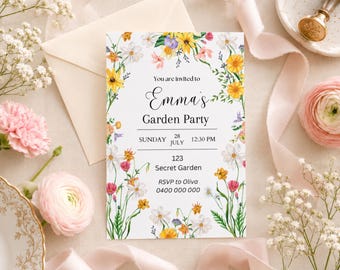 Floral Garden Party Invitation, Watercolor Wildflower Birthday Template (Digital Download)