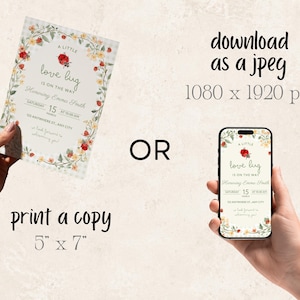 May include: A baby shower invitation card measuring 5 inches by 7 inches and a digital version on a smartphone screen. Both feature a ladybug and floral border with the text A LITTLE love bug IS ON THE WAY, Honoring Emma Smith, Saturday 15 March.