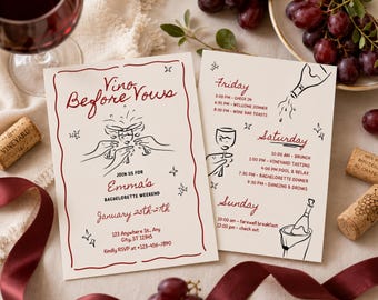 Vino Before Vows Bachelorette Invitation & Itinerary, Wine Bachelorette Party Invite, Hand Drawn Bach Weekend Canva Template