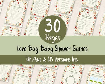 Love Bug Baby Shower Games Bundle, 30 Editable Printable Games, Little Love Bug Canva Template, UK AU & US Instant Download