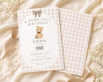 Cat Birthday Invitation, Brown Gingham Kitten Party, First Birthday Invitation, Editable Canva Template, Evite