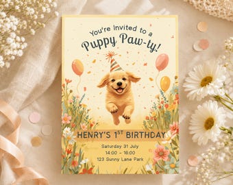 Puppy Paw-ty Birthday Invitation Template, Dog First Birthday Invite (Digital Download)