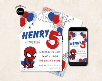 Spidey Birthday Invitation Template, Spider Web Birthday Invite, Editable Canva Superhero Party Invitation, Printable Digital Invite
