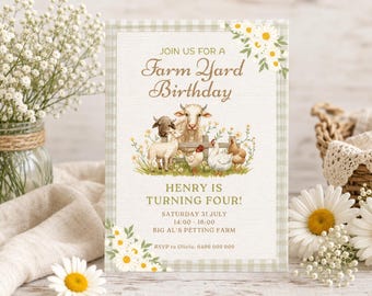 Farm Animals Birthday Invitation, Rustic Gingham, Vintage Farm Party (Digital Download)