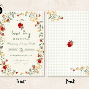 May include: A rectangular invitation card featuring a light green gingham background. The front displays a floral oval frame with ladybugs and the text: A LITTLE love bug IS ON THE WAY Honoring Emma Smith SATURDAY 15 MARCH AT 10:00 AM.