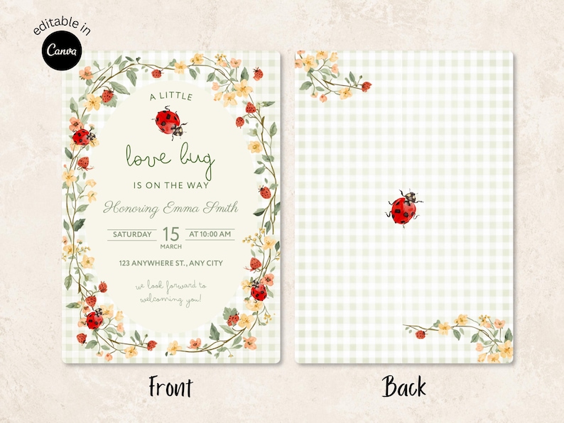 May include: A rectangular invitation card featuring a light green gingham background. The front displays a floral oval frame with ladybugs and the text: A LITTLE love bug IS ON THE WAY Honoring Emma Smith SATURDAY 15 MARCH AT 10:00 AM.