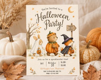 Halloween Invitation Template, Editable Canva Halloween Party Invite, Cute Watercolor Kids Costume Party, Printable 5x7 & Phone Invite