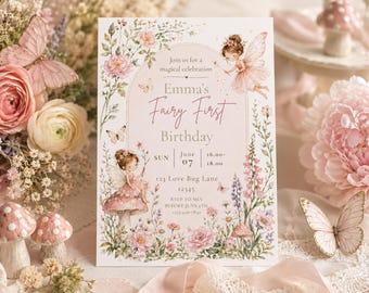 Fairy First Birthday Invitation Template, Enchanted Garden Fairy Party Invite, Whimsical 1st Birthday Girl Evite, Editable Canva Invitation