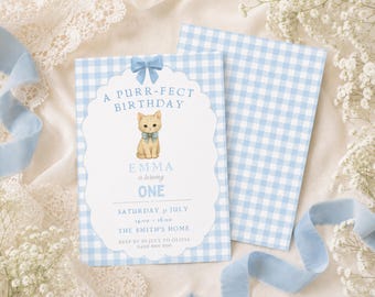 Cat Birthday Invitation, Blue Gingham Kitten Party, First Birthday Invitation, Editable Canva Template, Evite & Print Invite