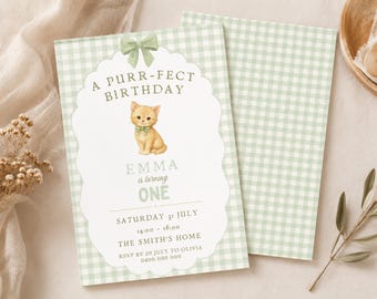 Vintage Cat First Birthday Invitation, Kitten Gingham Template (Print & Phone)