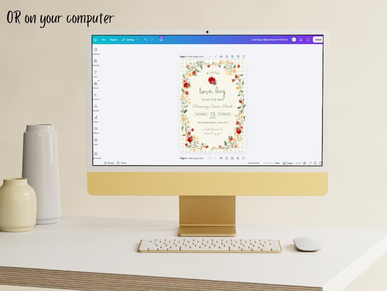 May include: A computer monitor displaying a digital baby shower invitation template with a floral border and ladybug graphics. The text reads A LITTLE love bug IS ON THE WAY, featuring placeholders for names, dates, and times. The screen interface shows editing tools.