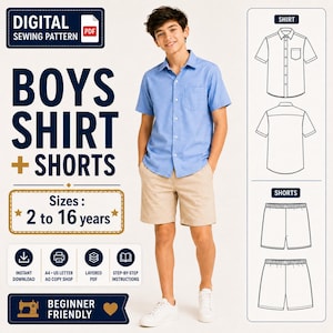 May include: A digital sewing pattern for a shirt and shorts set for sizes 2 to 16 years. The image displays a light blue short-sleeved button-down shirt with a chest pocket and beige shorts, alongside technical line drawings of the garment designs.