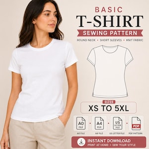 May include: A white short-sleeved t-shirt with a round neck, accompanied by a sewing pattern illustration. Text includes BASIC T-SHIRT SEWING PATTERN, ROUND NECK, SHORT SLEEVES, KNIT FABRIC, SIZES XS TO 5XL, A0 FILE, A4 FILE, US LETTER FILE, PDF, and INSTANT DOWNLOAD.