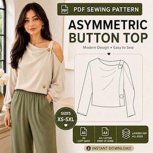 May include: A PDF sewing pattern for an asymmetric button top, featuring a beige long-sleeve blouse with cold-shoulder cutouts and two buttons. The graphic includes a line drawing of the garment, text reading PDF SEWING PATTERN ASYMMETRIC BUTTON TOP, and size range XS-5XL.