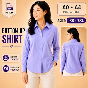 Op de afbeelding: Een lichtpaars overhemd met lange mouwen, knoopsluiting, klassieke kraag en manchetten. De afbeelding bevat de tekst: PDF PATTERN, A0 A4 PRINT AT HOME, SIZES: XS-7XL, BUTTON-UP SHIRT, INSTANT DOWNLOAD en BEGINNER FRIENDLY.