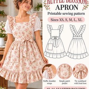 Puede incluir: Patrón de costura imprimible para delantal Ruffle Blossom en tallas XS, S, M, L, XL. El delantal es de tela color crema con estampado floral rosa, tirantes con volantes, un bolsillo de parche y una cintura para atar con lazo. Incluye A0, A4 y US Letter.