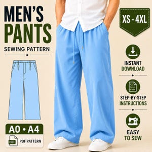 Men's Wide Leg Pants PDF Sewing Pattern | XS-4XL | Elastic Drawstring Waist Trousers | A0 A4 Instant Download |