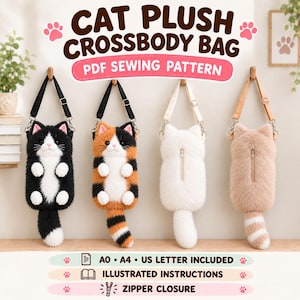 Può includere: Quattro borse a tracolla in peluche a forma di gatto nei colori bianco e nero, calico, bianco tinta unita e beige con strisce bianche. Ogni borsa ha una lunga coda, tracolla regolabile e chiusura a zip verticale sul retro. Testo: CAT PLUSH CROSSBODY BAG PDF SEWING PATTERN, A0, A4, US LETTER INCLUDED, ILLUSTRATED INSTRUCTIONS, ZIPPER CLOSURE.
