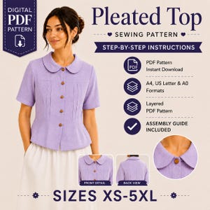 Women's Pleated Blouse PDF Sewing Pattern | Collared Peplum Top | Plus Size XS-5XL | Printable Digital Download