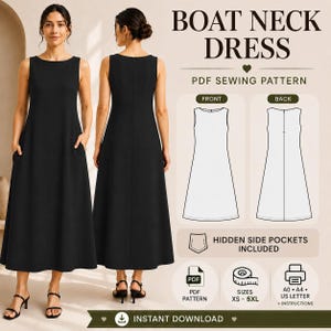Patron de couture pour robe longue en lin à col bateau, coupe trapèze sans manches, idéale pour l'été (téléchargement PDF)