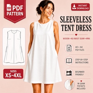 May include: A white sleeveless tent dress with a round neckline and in-seam pockets. The digital pattern includes text: PDF PATTERN, SLEEVESLESS TENT DRESS, WOVEN NO WAIST SEAM MINI, A0 + A4 PDF FILES, STEP-BY-STEP INSTRUCTIONS, BEGINNER FRIENDLY, SIZES XS-4XL.