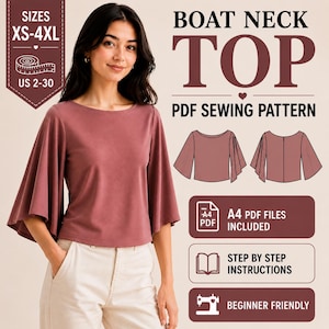 Op de afbeelding: Een oudroze top met boothals en wijde uitlopende mouwen. Het digitale naaipatroon bevat maten XS-4XL, US 2-30, A4 PDF-bestanden en stapsgewijze instructies. De afbeelding toont de top op een model en bevat technische lijntekeningen.